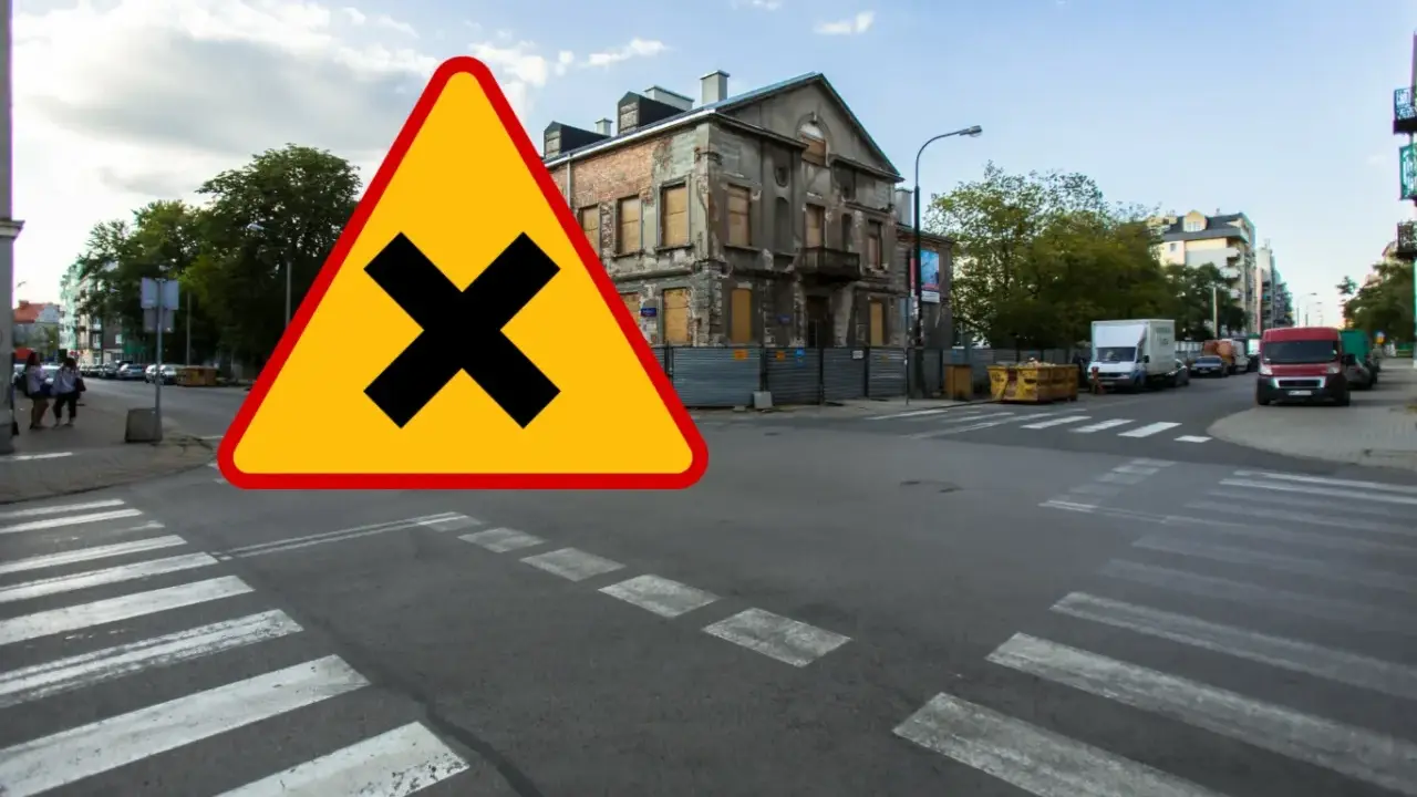 Uwaga na skrzyżowanie równorzędne znak. Zbliżamy się do skrzyżowania dróg, gdzie obowiązują zasady pierwszeństwa przejazdu.
