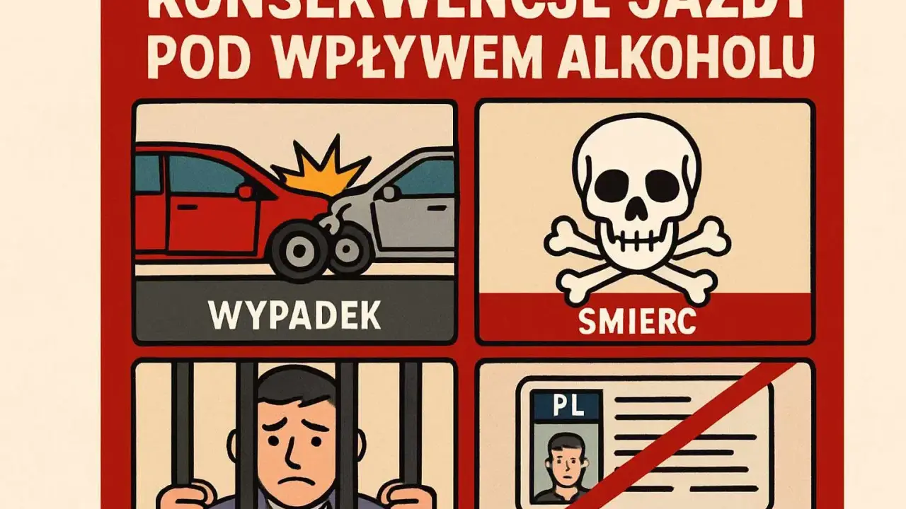 Konsekwencje jazdy pod wpływem alkoholu: wypadek, śmierć, więzienie, utrata prawa jazdy.