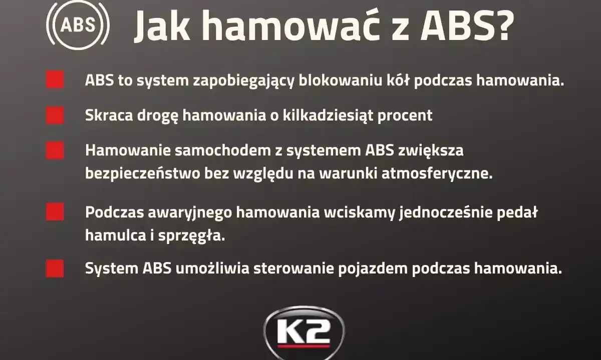 Jak hamować z ABS? System zapobiega blokowaniu kół, skraca drogę hamowania i zwiększa bezpieczeństwo. W awaryjnym hamowaniu wciskaj hamulec i sprzęgło.