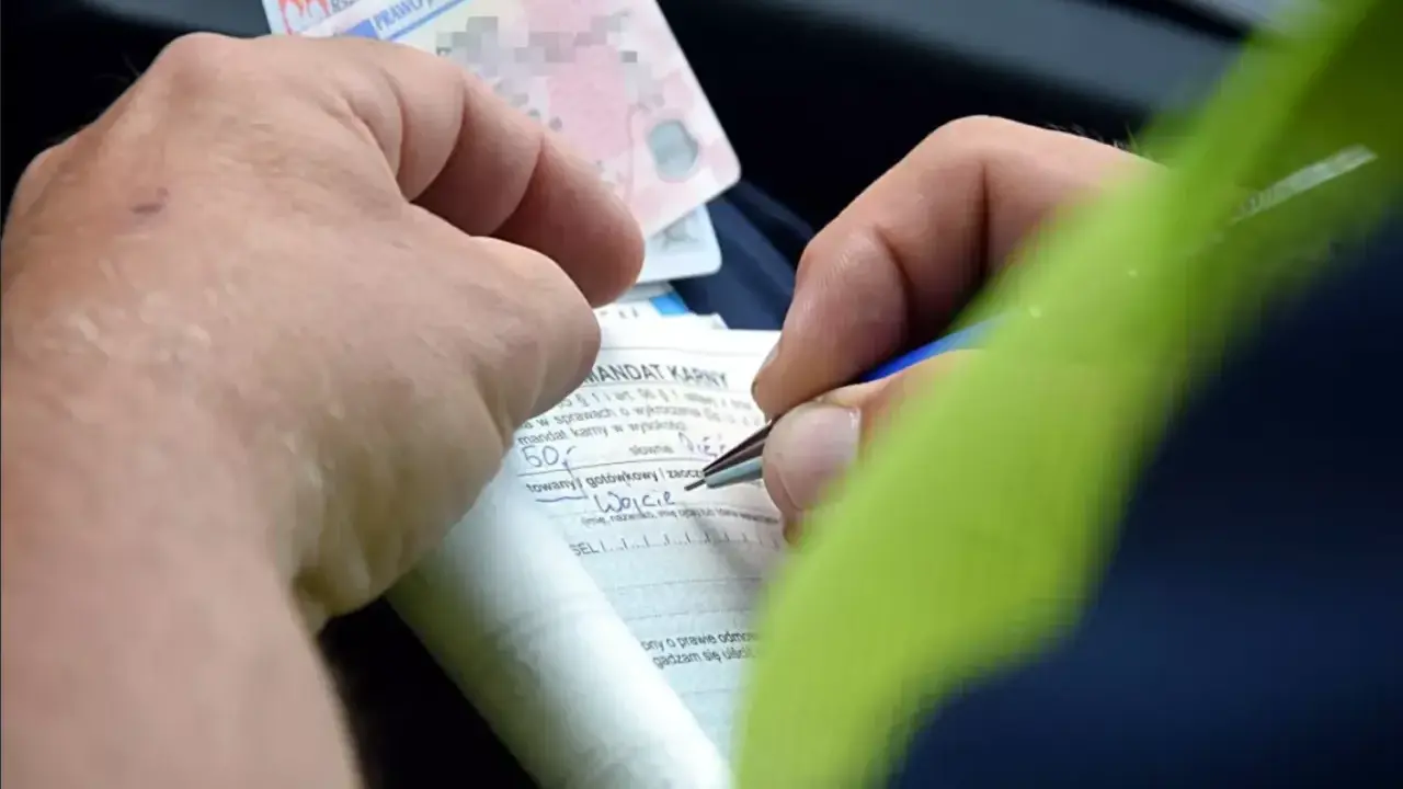 Ręce wypełniają formularz mandatu karnego, próbując dokonać przepisanie mandatu na inną osobę. Widoczne prawo jazdy.