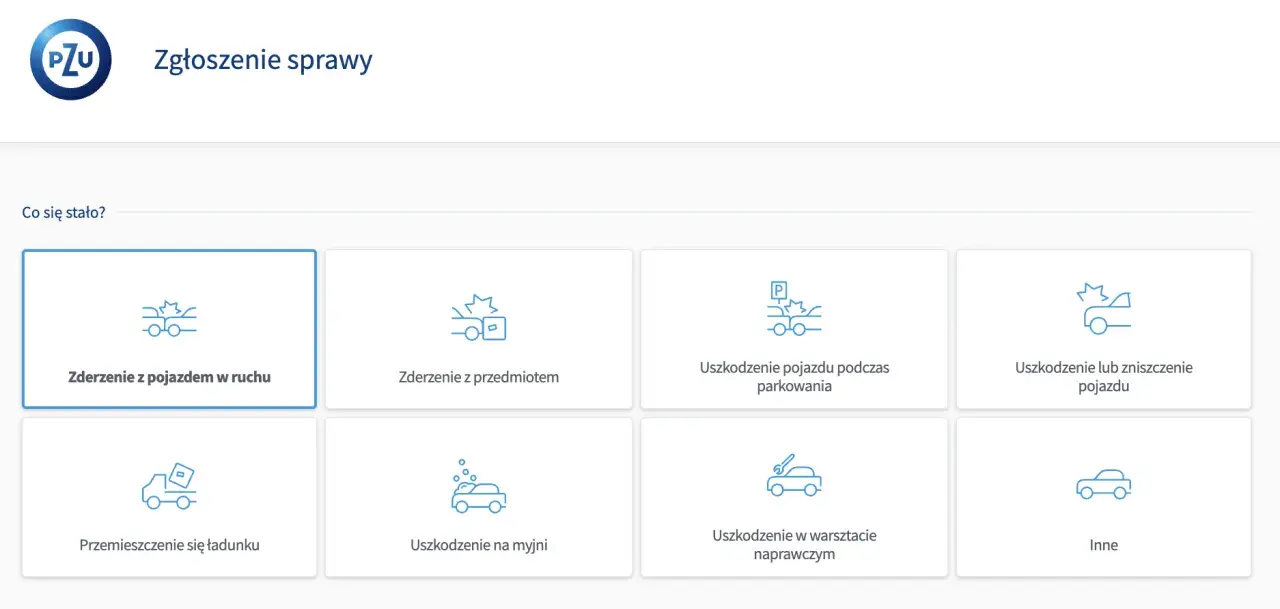 Wybierz przyczynę szkody, aby zgłosić ją w PZU. Sprawdź, ile czasu na zgłoszenie szkody PZU masz w swojej sytuacji.
