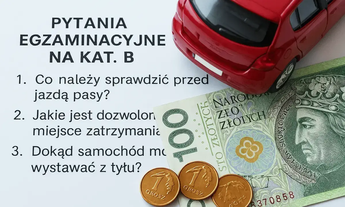Pytania egzaminacyjne na kat. B, czerwony samochodzik, banknot 100 zł i grosze. Zastanawiasz się, ile teraz kosztuje prawo jazdy?