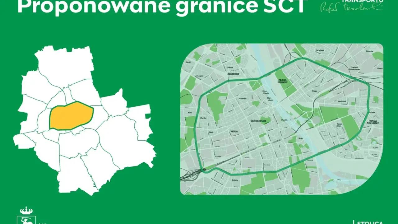 Mapa proponowanych granic stref czystego transportu w Polsce. Zaznaczony obszar w Warszawie.