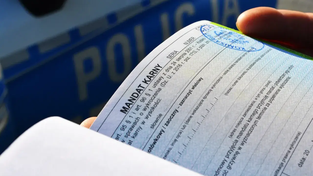 Dokument mandatu karnego, na którym widnieje informacja o tym, ile punktów karnych można otrzymać.