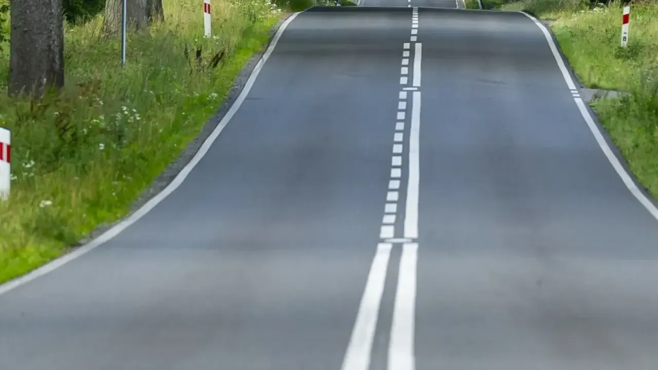 Droga z podwójną białą linią, która jest linia jednostronnie przekraczalna. Po bokach zieleń i drzewa.