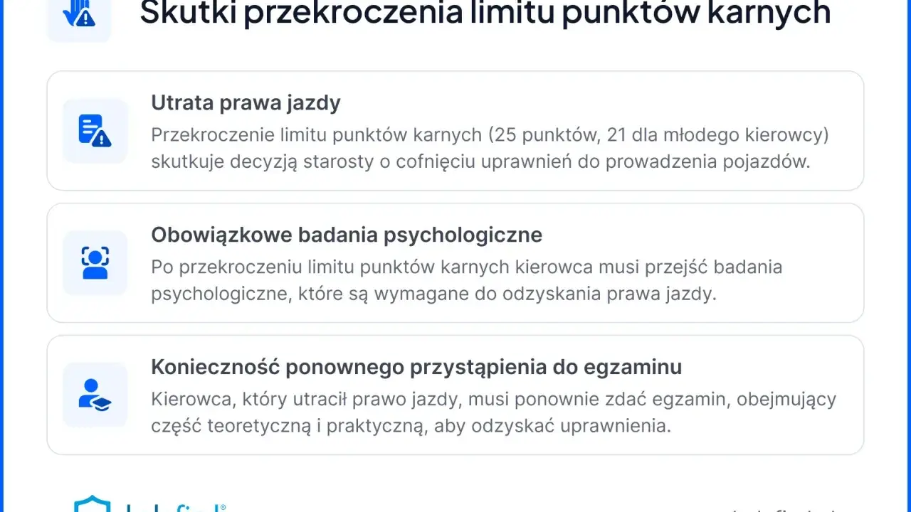 Przekroczenie limitu punktów karnych grozi utratą prawa jazdy, badaniami psychologicznymi i koniecznością ponownego zdania egzaminu.