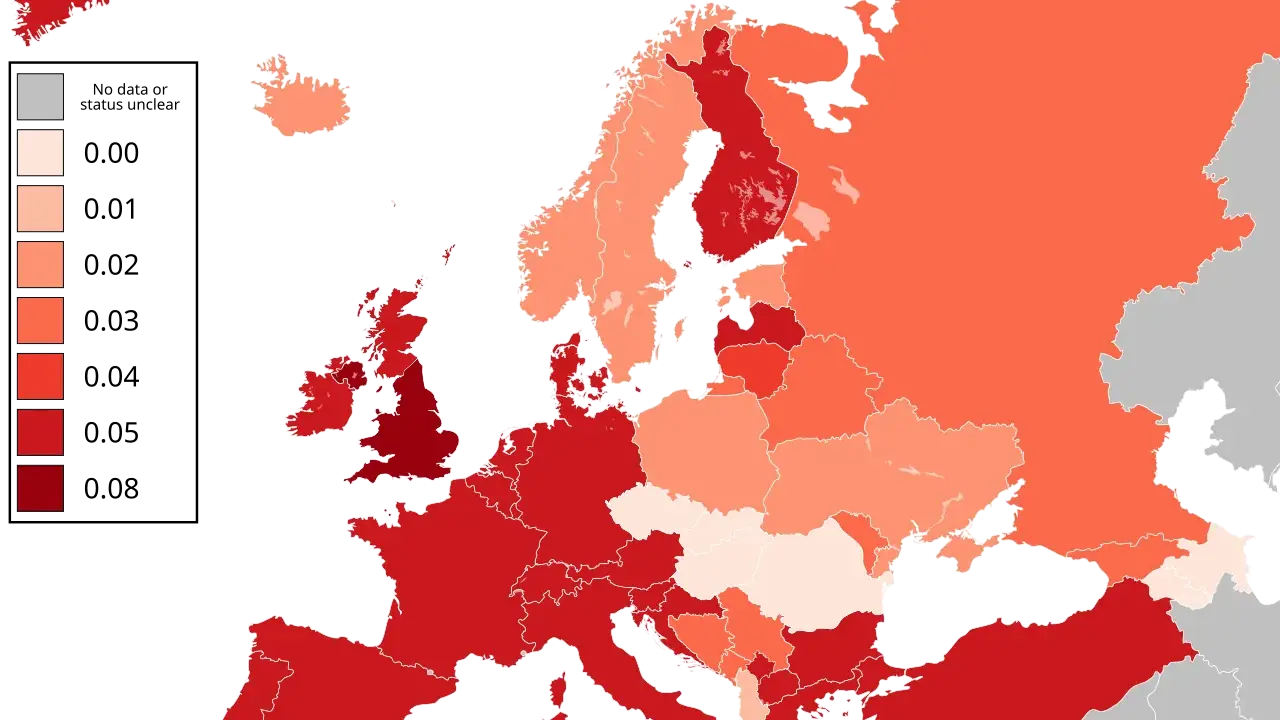 Mapa Europy pokazująca poziom alkoholu we krwi. Najwyższe wartości w krajach Europy Wschodniej i Południowej.