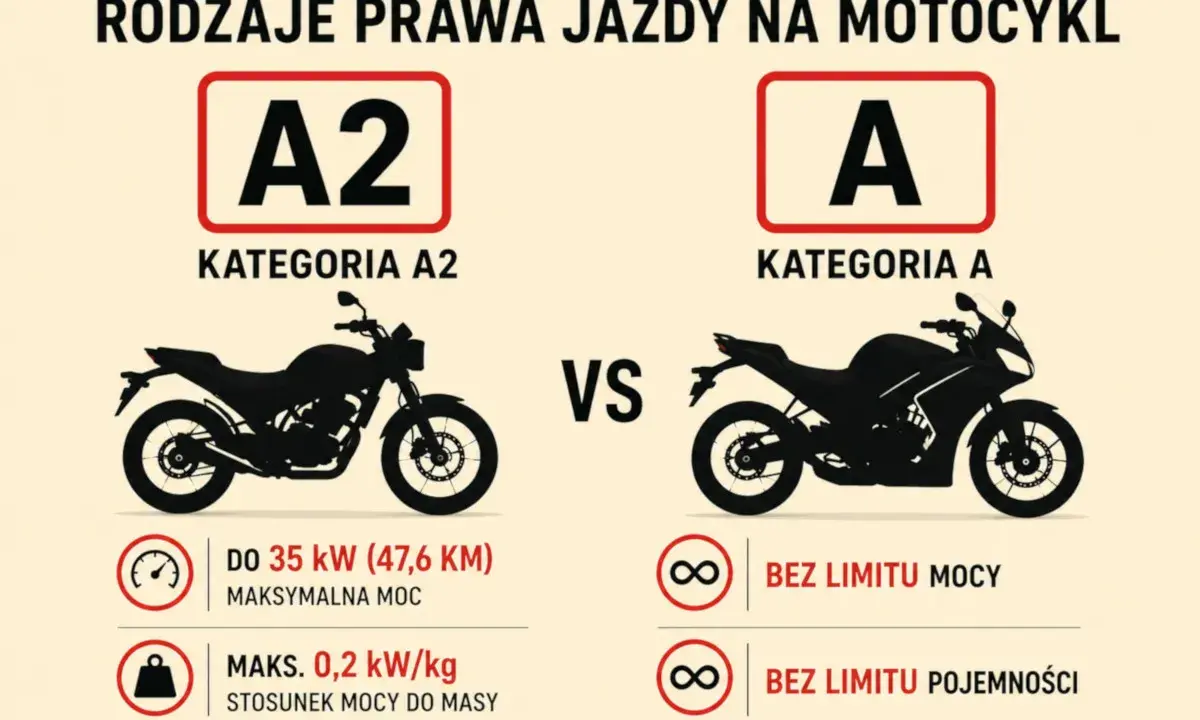 Porównanie kategorii A2 i A prawa jazdy na motocykl. A2: do 35 kW, A: bez limitu mocy i pojemności. Ile lat na kat A? Odpowiedź w grafice.