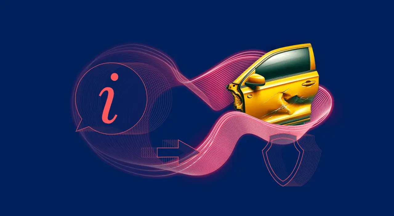 Uszkodzone żółte auto i ikona informacji symbolizują utratę wartości handlowej pojazdu.