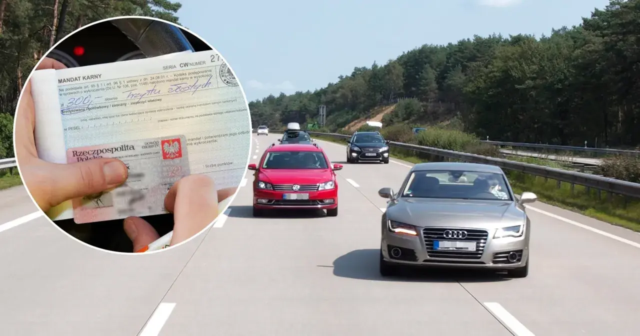 Mandat karny za jazdę lewym pasem na autostradzie. Kierowca trzyma dokument i dowód osobisty.