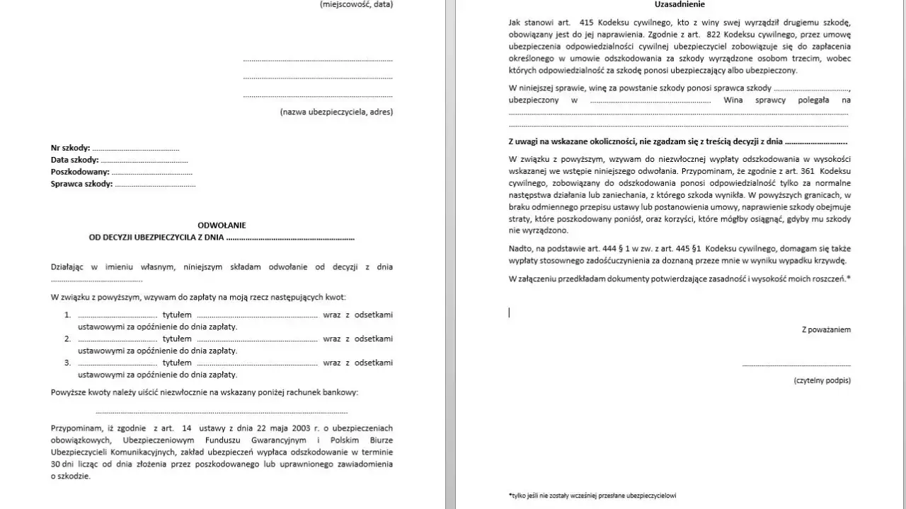 Wzór pozwu przeciwko ubezpieczycielowi. Dokument zawiera odwołanie od decyzji ubezpieczyciela i wezwanie do zapłaty odszkodowania.