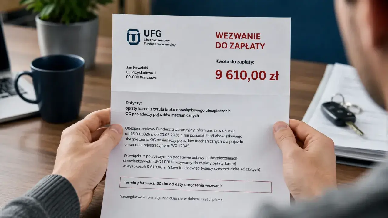 Wezwanie do zapłaty UFG za brak OC. Jan Kowalski otrzymał karę 9610 zł. Może to być podstawa do odwołania.