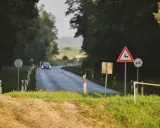 Znak ostrzegawczy przed dzikimi zwierzętami na drodze, gdzie samochód włącza się do ruchu.