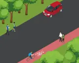 Na ścieżce rowerowej jedzie rowerzysta, a obok idzie pieszy. Czerwony samochód stoi na drodze.
