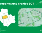 Mapa proponowanych granic stref czystego transportu w Polsce. Zaznaczony obszar w Warszawie.
