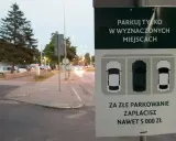 Znak informuje: "Parkuj tylko w wyznaczonych miejscach. Za złe parkowanie zapłacisz nawet 5000 zł". Straż miejska pilnuje porządku.