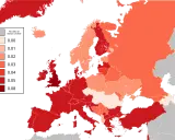 Mapa Europy pokazująca poziom alkoholu we krwi. Najwyższe wartości w krajach Europy Wschodniej i Południowej.