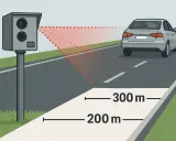 Fotoradar mierzy prędkość pojazdu z odległości 200-300 m. Czerwone kropki pokazują zasięg działania.