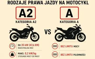 Porównanie kategorii A2 i A prawa jazdy na motocykl. A2: do 35 kW, A: bez limitu mocy i pojemności. Ile lat na kat A? Odpowiedź w grafice.