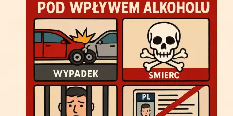 Konsekwencje jazdy pod wpływem alkoholu: wypadek, śmierć, więzienie, utrata prawa jazdy.