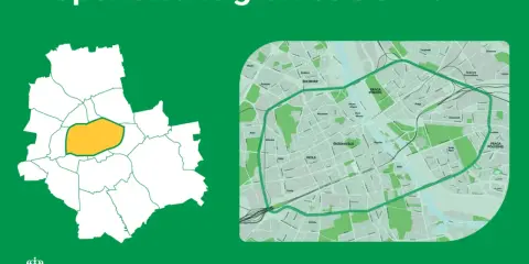 Mapa proponowanych granic stref czystego transportu w Polsce. Zaznaczony obszar w Warszawie.