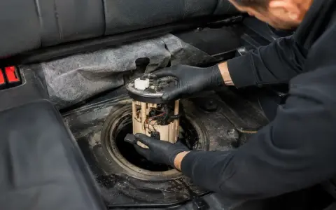 Mechanik w czarnych rękawiczkach wyjmuje moduł pompy paliwa z baku samochodu. To może być objaw uszkodzonej pompy paliwa.