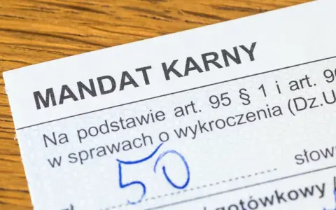 Mandat karny z kwotą 50 zł. Dokument dotyczy wykroczeń drogowych.