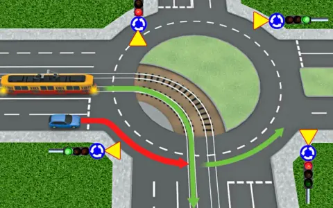 Rondo z tramwajem i samochodem. Zielona strzałka pokazuje, kiedy tramwaj ma pierwszeństwo, a czerwona droga dla samochodu.