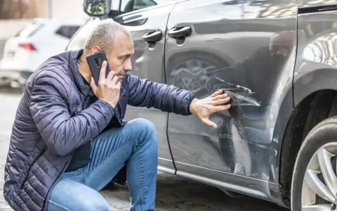 Mężczyzna sprawdza uszkodzenia samochodu po kolizji bez policji i oświadczenia, dzwoniąc z telefonu.