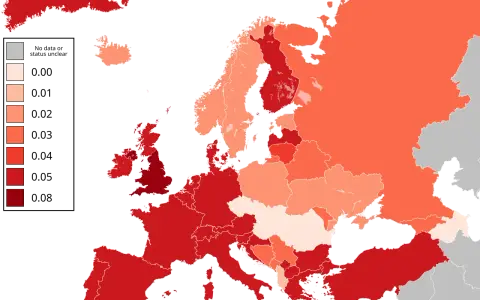 Mapa Europy pokazująca poziom alkoholu we krwi. Najwyższe wartości w krajach Europy Wschodniej i Południowej.