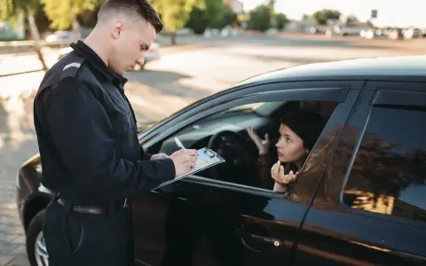 Policjant spisuje mandat, a kierowca tłumaczy, za co zabierają prawo jazdy na 3 miesiące.