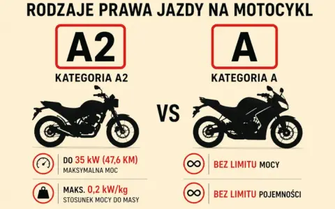 Porównanie kategorii A2 i A prawa jazdy na motocykl. A2: do 35 kW, A: bez limitu mocy i pojemności. Ile lat na kat A? Odpowiedź w grafice.