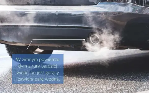 Dym z rury wydechowej samochodu w zimnym powietrzu. Zastanawiasz się, ile można stać na włączonym silniku? Gorący dym z parą wodną jest bardziej widoczny.