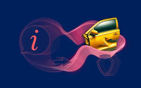 Uszkodzone żółte auto i ikona informacji symbolizują utratę wartości handlowej pojazdu.