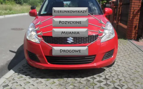 Czerwony Suzuki Swift z etykietami: kierunkowskazy, pozycyjne, mijania, drogowe. Idealny do nauki przed egzaminem na prawo jazdy.
