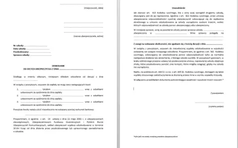 Wzór pozwu przeciwko ubezpieczycielowi. Dokument zawiera odwołanie od decyzji ubezpieczyciela i wezwanie do zapłaty odszkodowania.