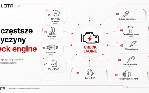 Najczęstsze przyczyny zapalenia się kontrolki silnika (check engine): świece, cewki, wtryskiwacze, sonda lambda, przepływomierz MAF, zawór EGR, układ EVAP, katalizator, termostat, SCR/NOx.