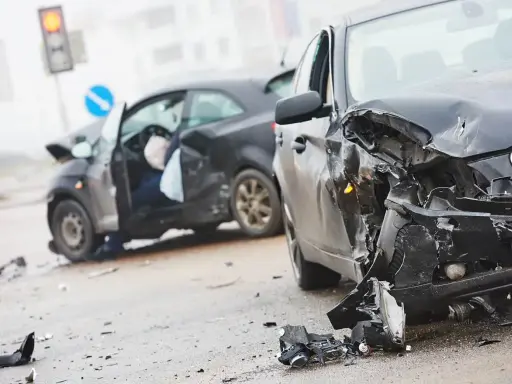 Dwa zniszczone samochody na drodze. W jednym z nich widać siedzącego człowieka po wypadku samochodowym, z otwartymi drzwiami i poduszką powietrzną.