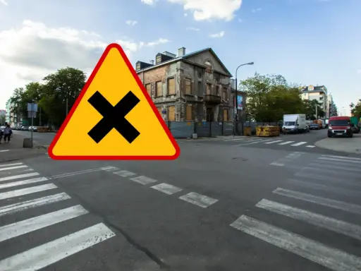 Uwaga na skrzyżowanie równorzędne znak. Zbliżamy się do skrzyżowania dróg, gdzie obowiązują zasady pierwszeństwa przejazdu.