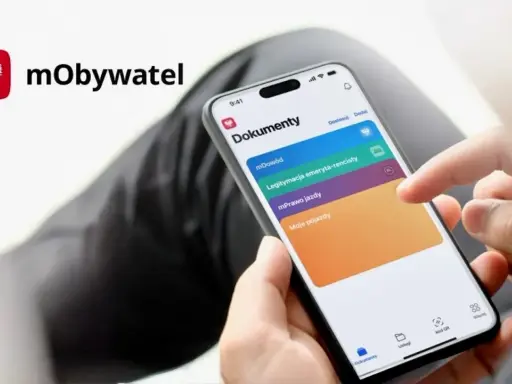 Dłoń wybiera "mPrawo jazdy" na ekranie aplikacji mObywatel, gdzie można zarządzać cyfrowym kontem kierowcy i innymi dokumentami.