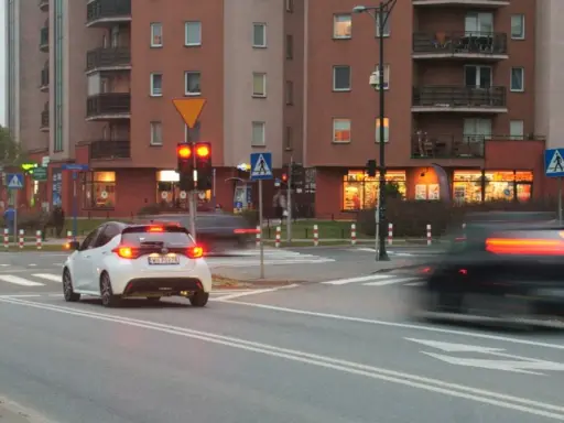 Biały samochód czeka na zielone światło. Czerwone światło oznacza punkty karne.