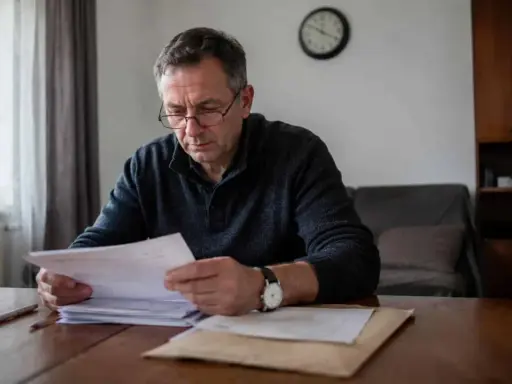 Mężczyzna w okularach analizuje dokumenty, martwiąc się o przedawnienie wykroczenia.
