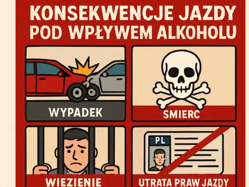Konsekwencje jazdy pod wpływem alkoholu: wypadek, śmierć, więzienie, utrata prawa jazdy.
