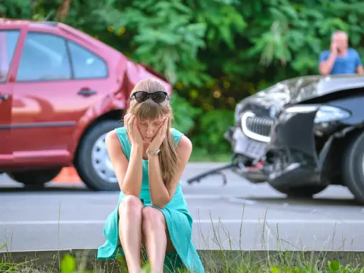 Kobieta w szoku po spowodowaniu wypadku z uszczerbkiem na zdrowiu powyżej 7 dni. Dwa uszkodzone samochody na drodze.