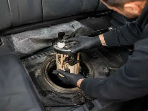 Mechanik w czarnych rękawiczkach wyjmuje moduł pompy paliwa z baku samochodu. To może być objaw uszkodzonej pompy paliwa.