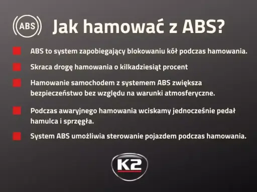 Jak hamować z ABS? System zapobiega blokowaniu kół, skraca drogę hamowania i zwiększa bezpieczeństwo. W awaryjnym hamowaniu wciskaj hamulec i sprzęgło.