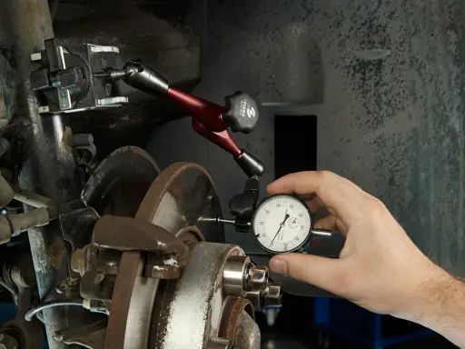 Mechanik sprawdza bicie przy hamowaniu, czy tarcze są proste. Wskaźnik zegarowy mierzy odchylenia.
