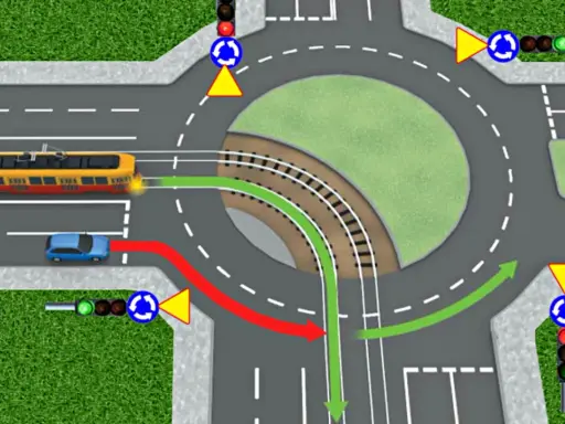 Rondo z tramwajem i samochodem. Zielona strzałka pokazuje, kiedy tramwaj ma pierwszeństwo, a czerwona droga dla samochodu.