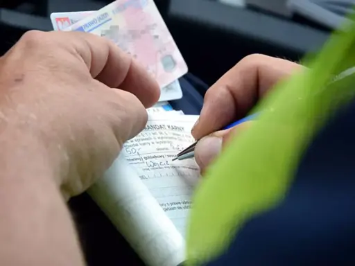 Ręce wypełniają formularz mandatu karnego, próbując dokonać przepisanie mandatu na inną osobę. Widoczne prawo jazdy.
