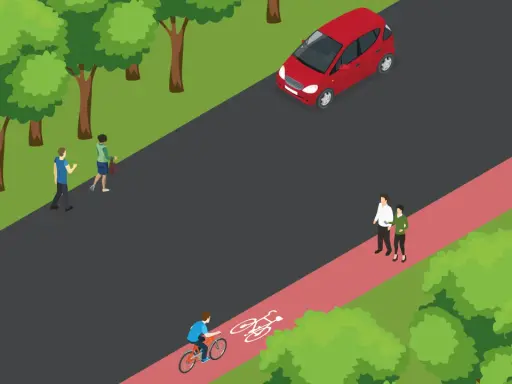 Na ścieżce rowerowej jedzie rowerzysta, a obok idzie pieszy. Czerwony samochód stoi na drodze.